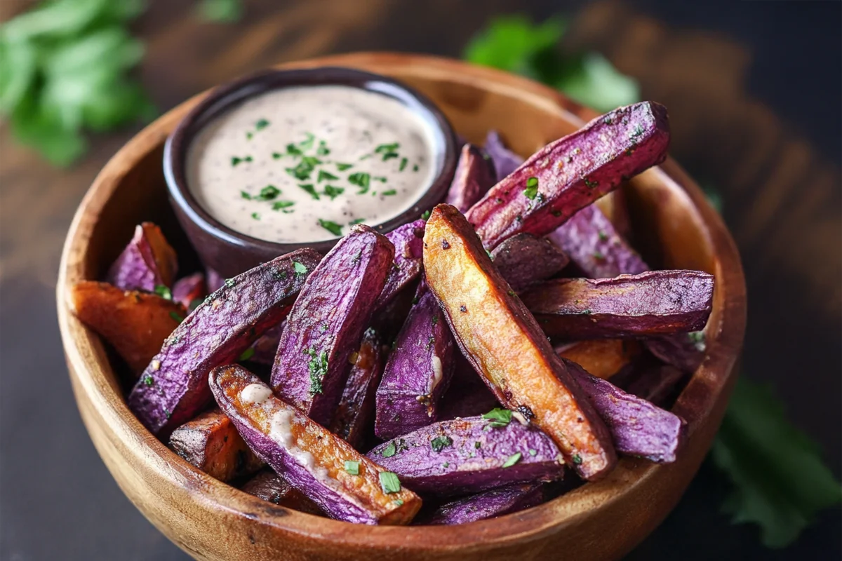 Delicious purple sweet potato recipe with roasted vegetables.