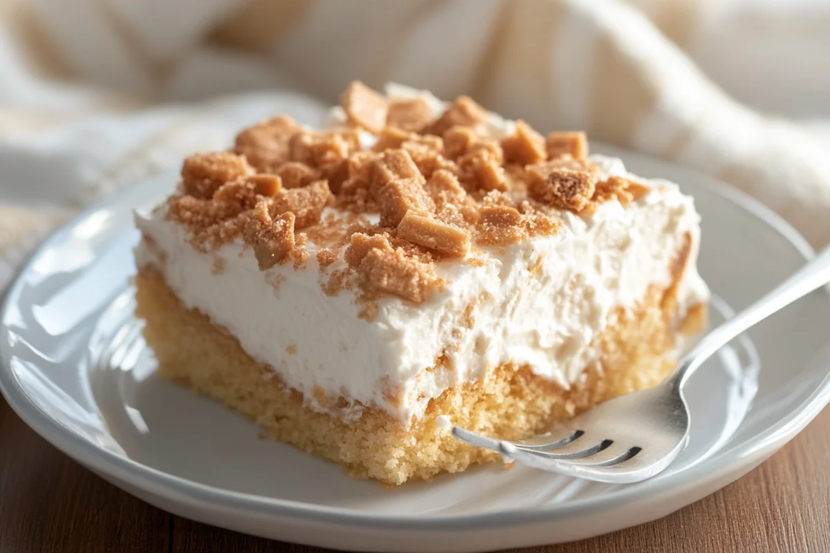 Delicious homemade butterfinger cake recipe on a plate.