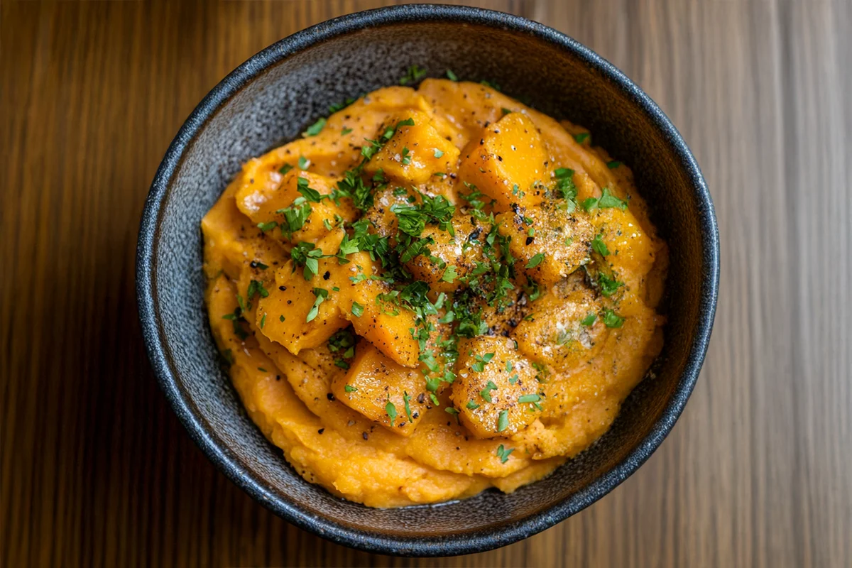 Delicious homemade sweet potato puree recipe in a bowl.