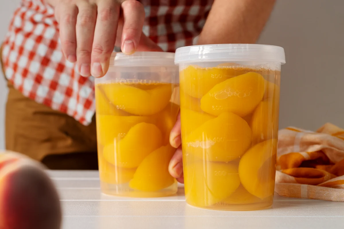 Delicious peach canning recipes in glass jars.