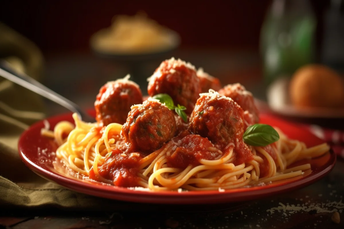 Delicious spaghetti and meatballs in a dutch oven, ready to serve.