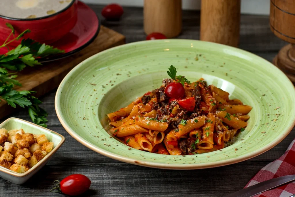 Delicious carbone spicy rigatoni recipe served on a plate, ready to eat.