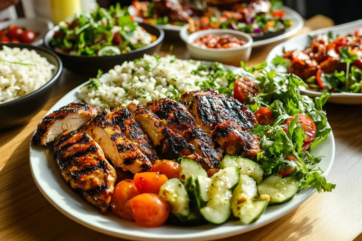 Low histamine recipes featuring grilled chicken, fresh vegetables, and rice served on a clean white plate, perfect for managing histamine intolerance.