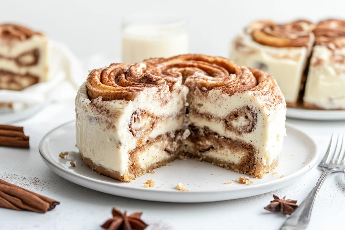 A tasty slice of cinnamon roll cheesecake recipe, with the swirl of cinnamon clearly shown.