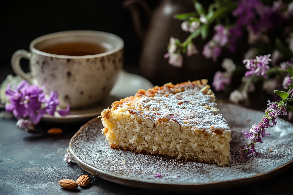 A slice of a tasty almond nut cake recipe.