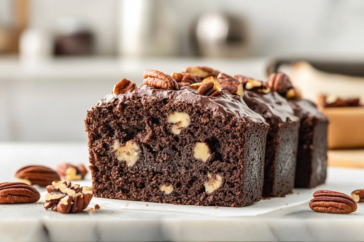 Delicious chocolate pecan pound cake slice.