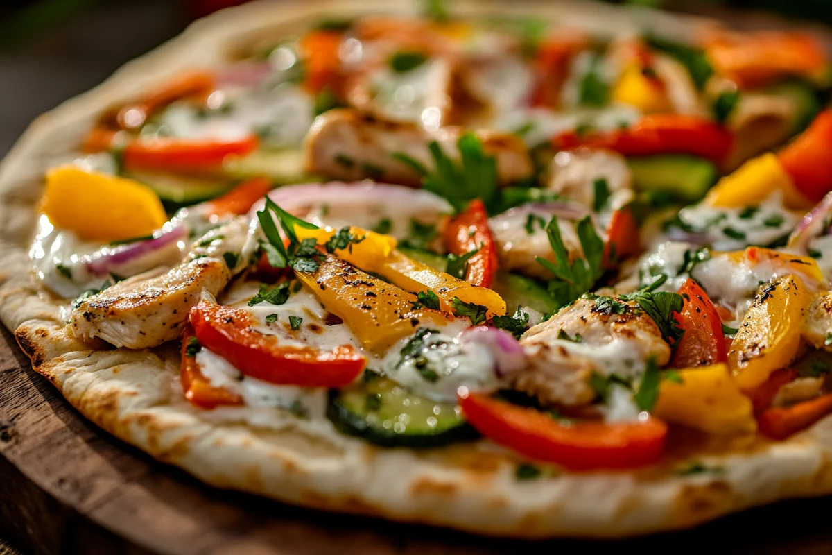 Delicious chicken pita recipe served with fresh toppings and a creamy sauce.
