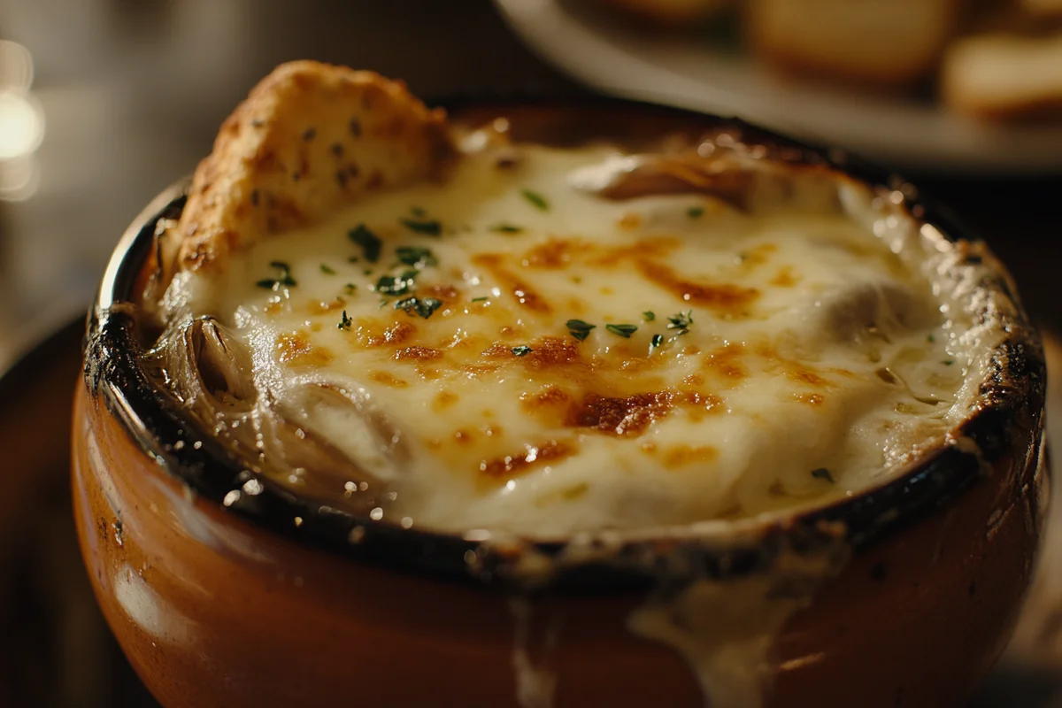 Is french onion soup a side or main dish? A bowl of delicious soup is shown.