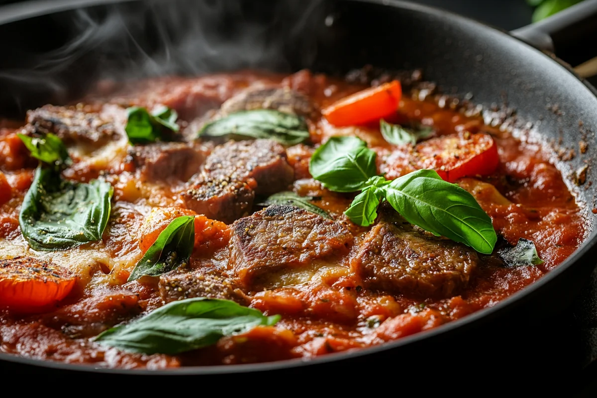 Delicious steak pizzaiola recipe served with fresh basil.