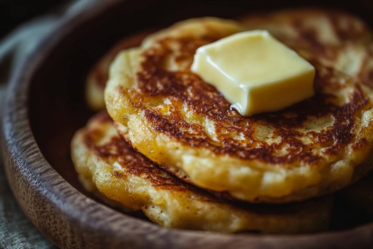 A freshly cooked hoe cake recipe, golden brown and ready to eat.