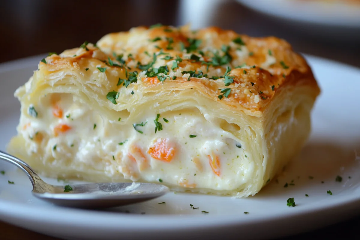Homemade chicken crescent pot pie ready to eat.