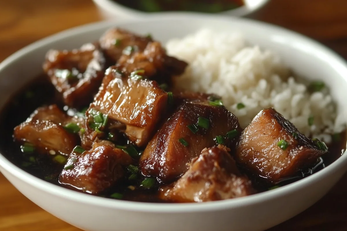 Delicious lechon paksiw recipe served in a bowl.