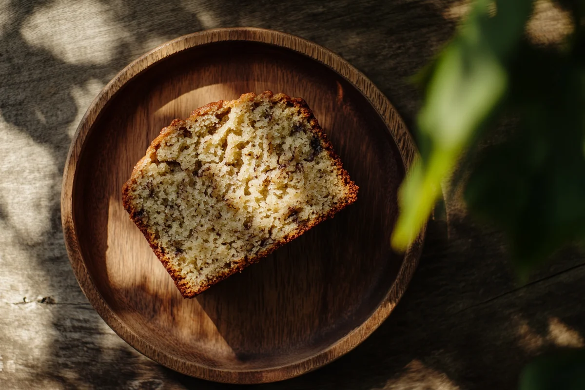 Close-up of delicious homemade banana bread recipe on a plate.