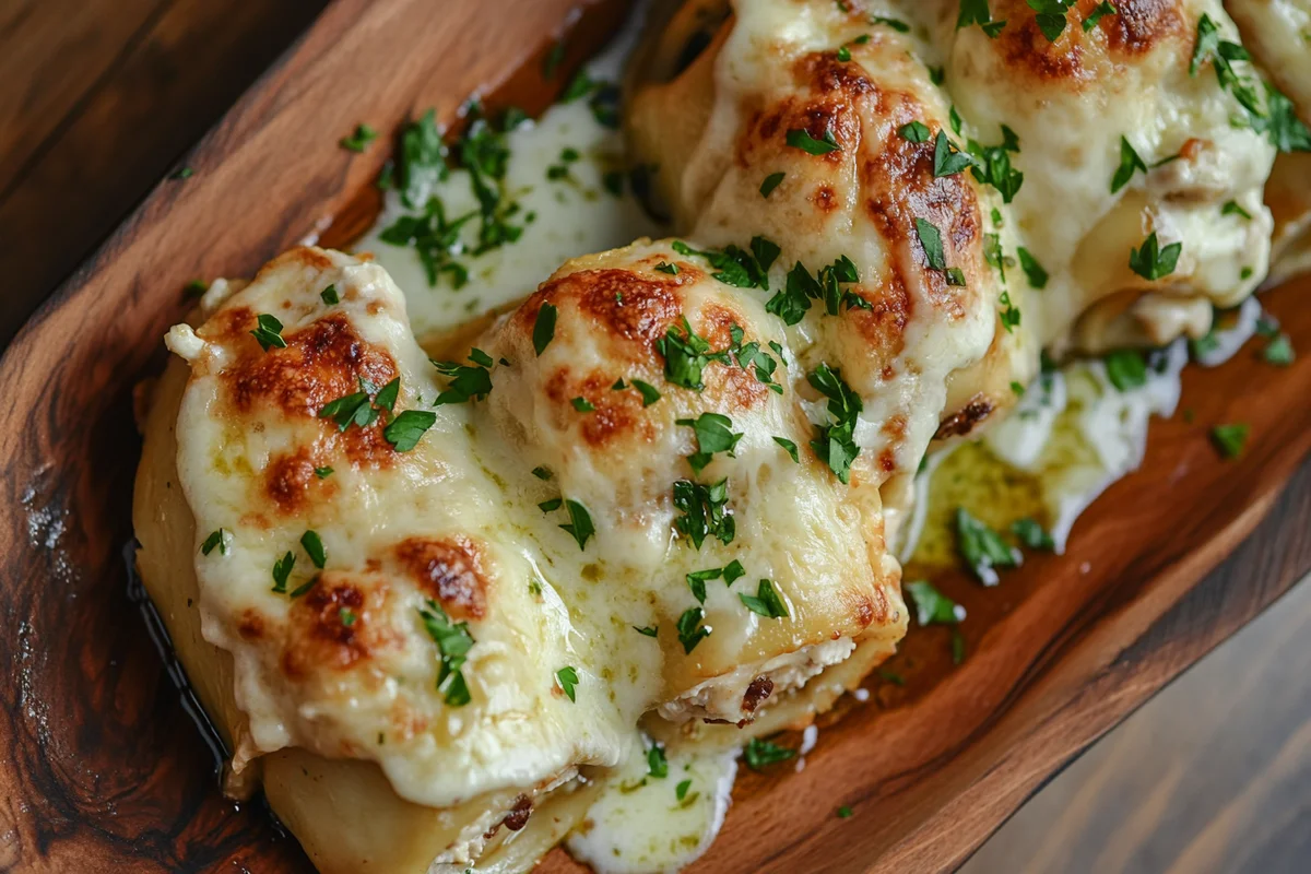 Delicious and creamy chicken alfredo lasagna rolls.