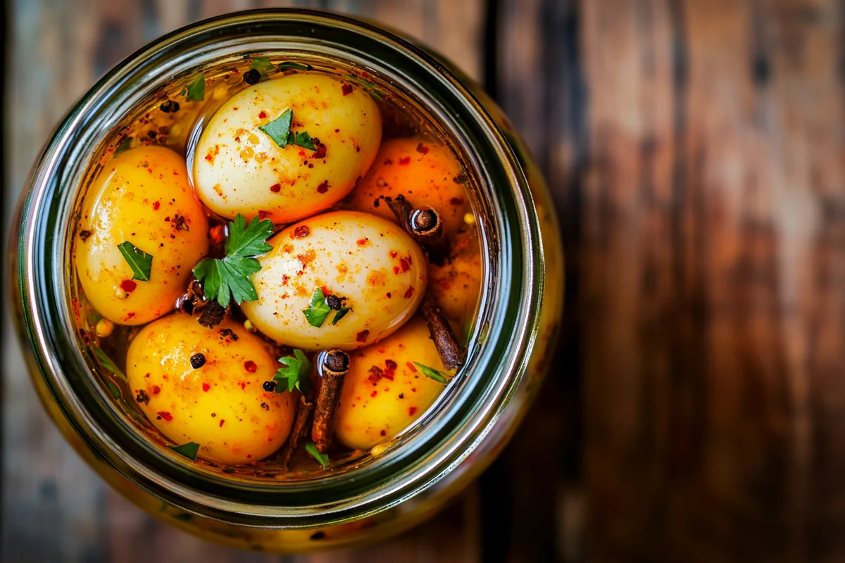 Close-up view of spicy pickled eggs recipe in a glass jar, surrounded by spices.