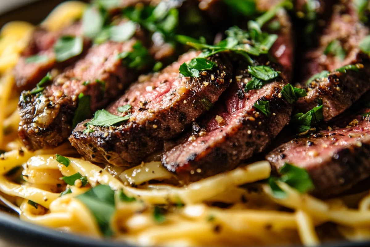 Delicious steak pasta recipes served on a plate.