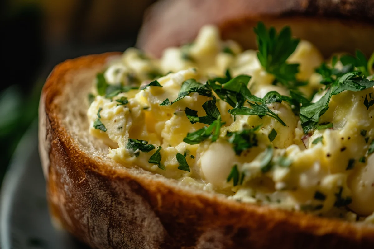 Delicious masters egg salad recipe sandwich on white bread.