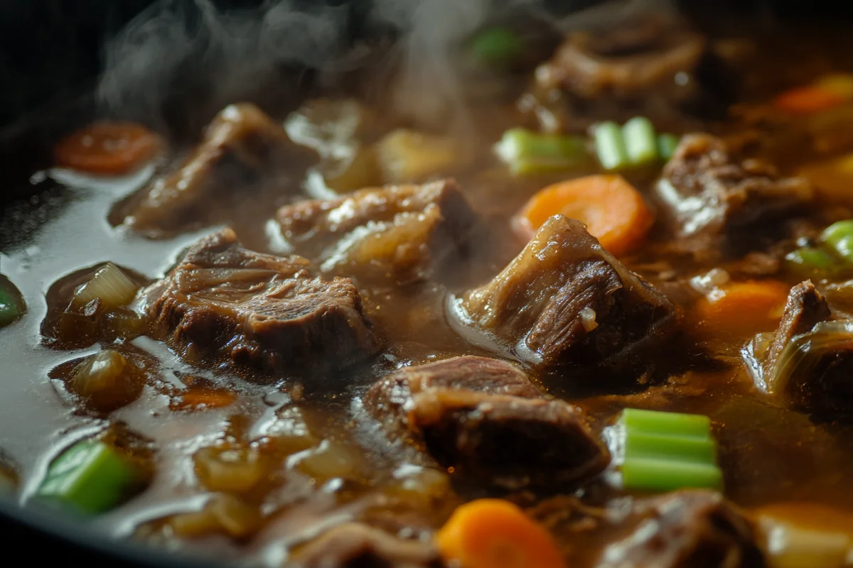 Beef neck bones recipe prepared in a Dutch oven, showing the rich broth.
