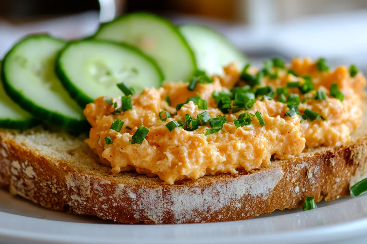 A close-up of a bowl of old fashioned pimento cheese recipe spread.