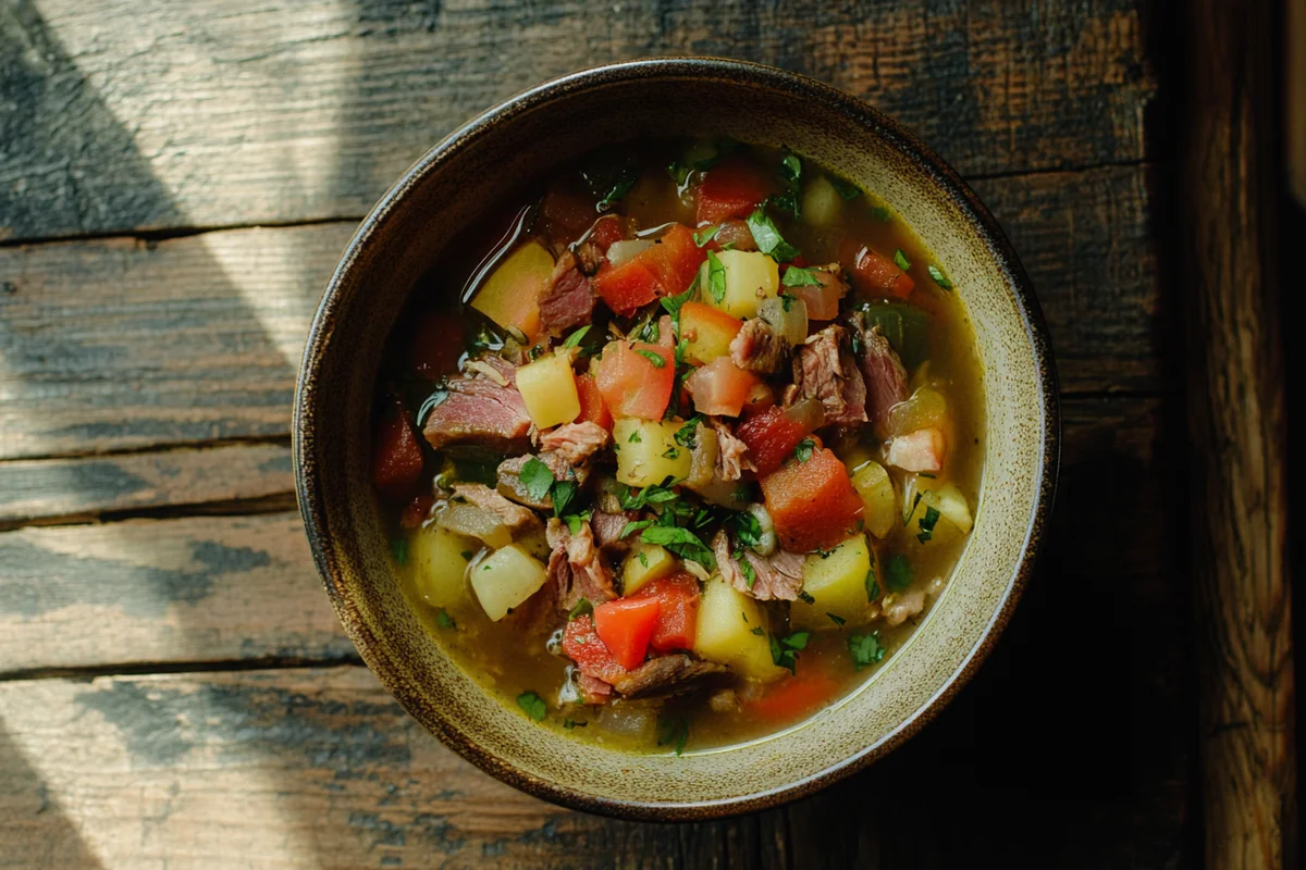A delicious bowl of swamp soup recipe with mixed vegetables.