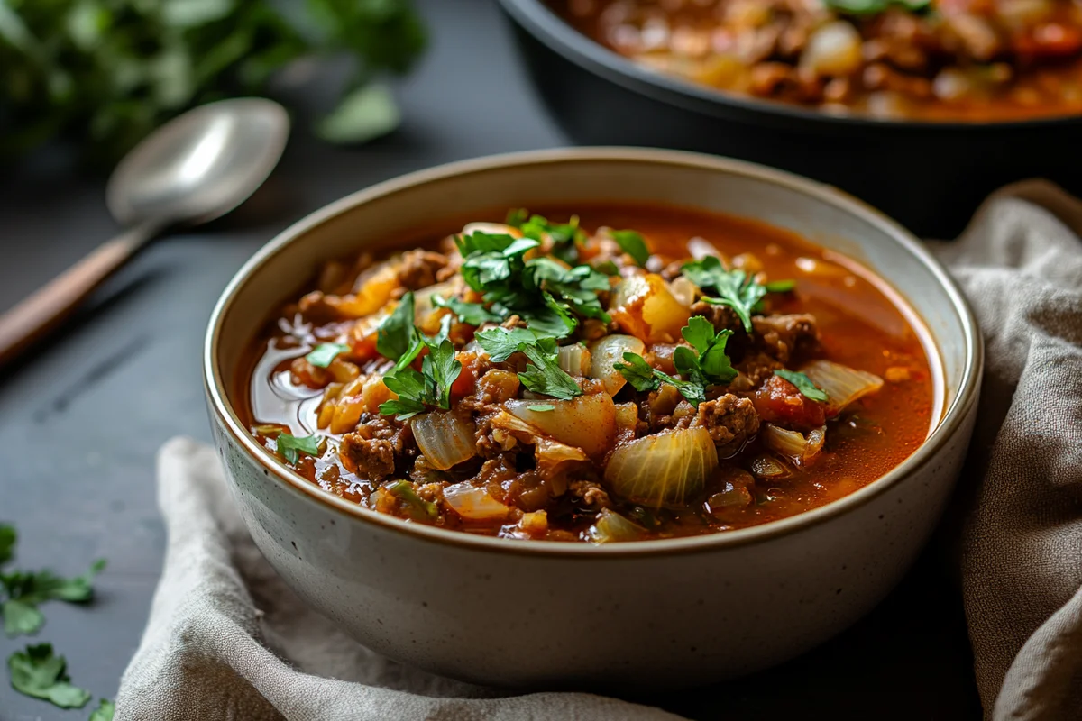 Slow cooker cabbage recipes simmering in a pot with visible steam.