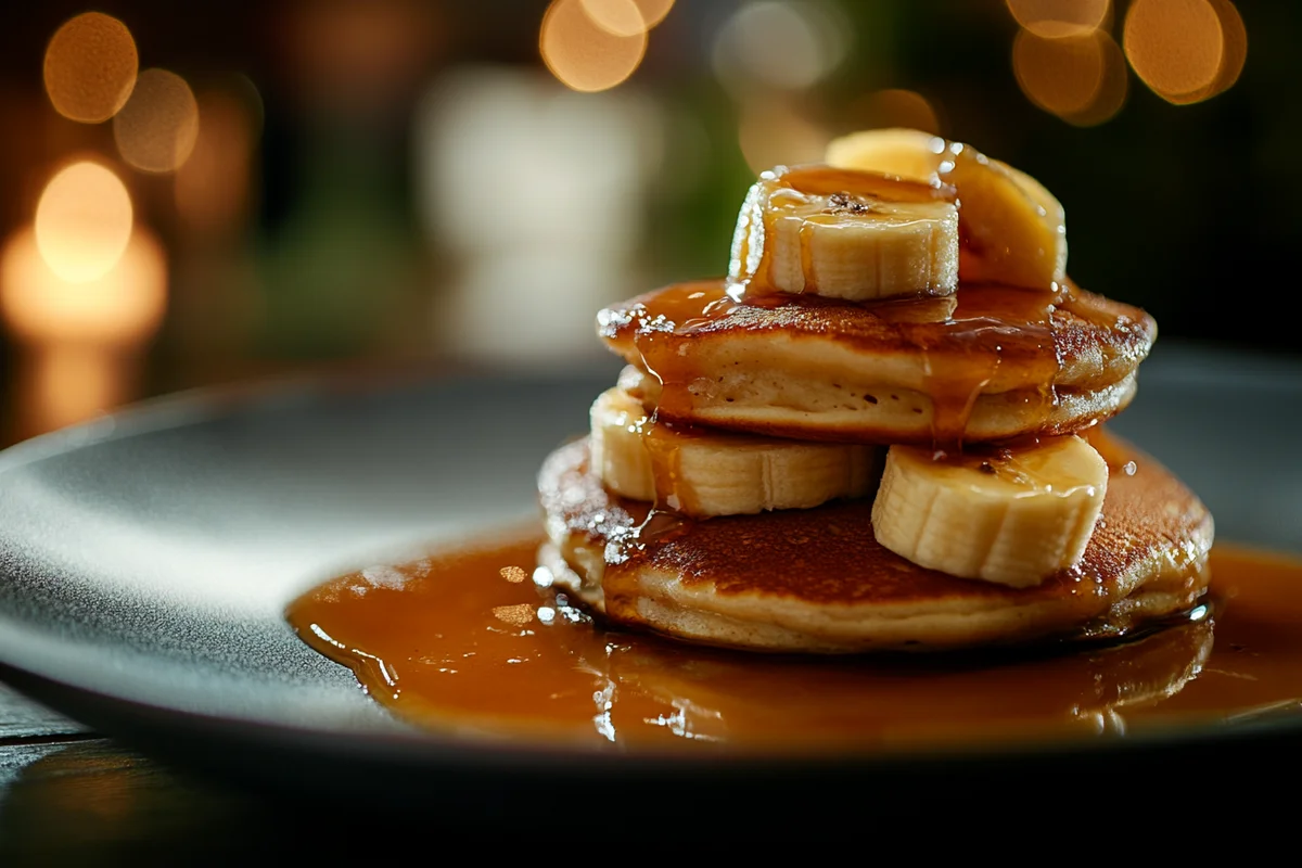 Delicious stack of banana foster pancakes with caramelized bananas and sauce.