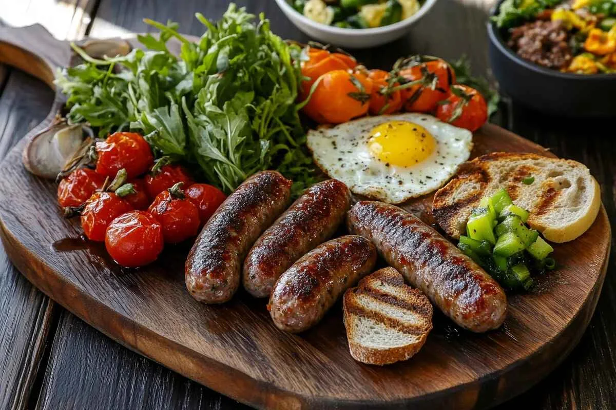 A variety of beef sausage recipes on a wooden board, ready to be enjoyed.