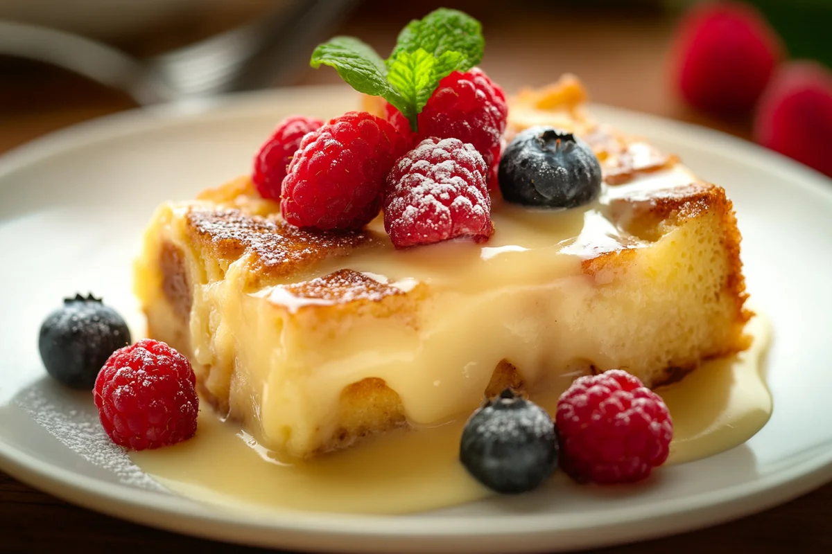 Delicious bread pudding with vanilla sauce.