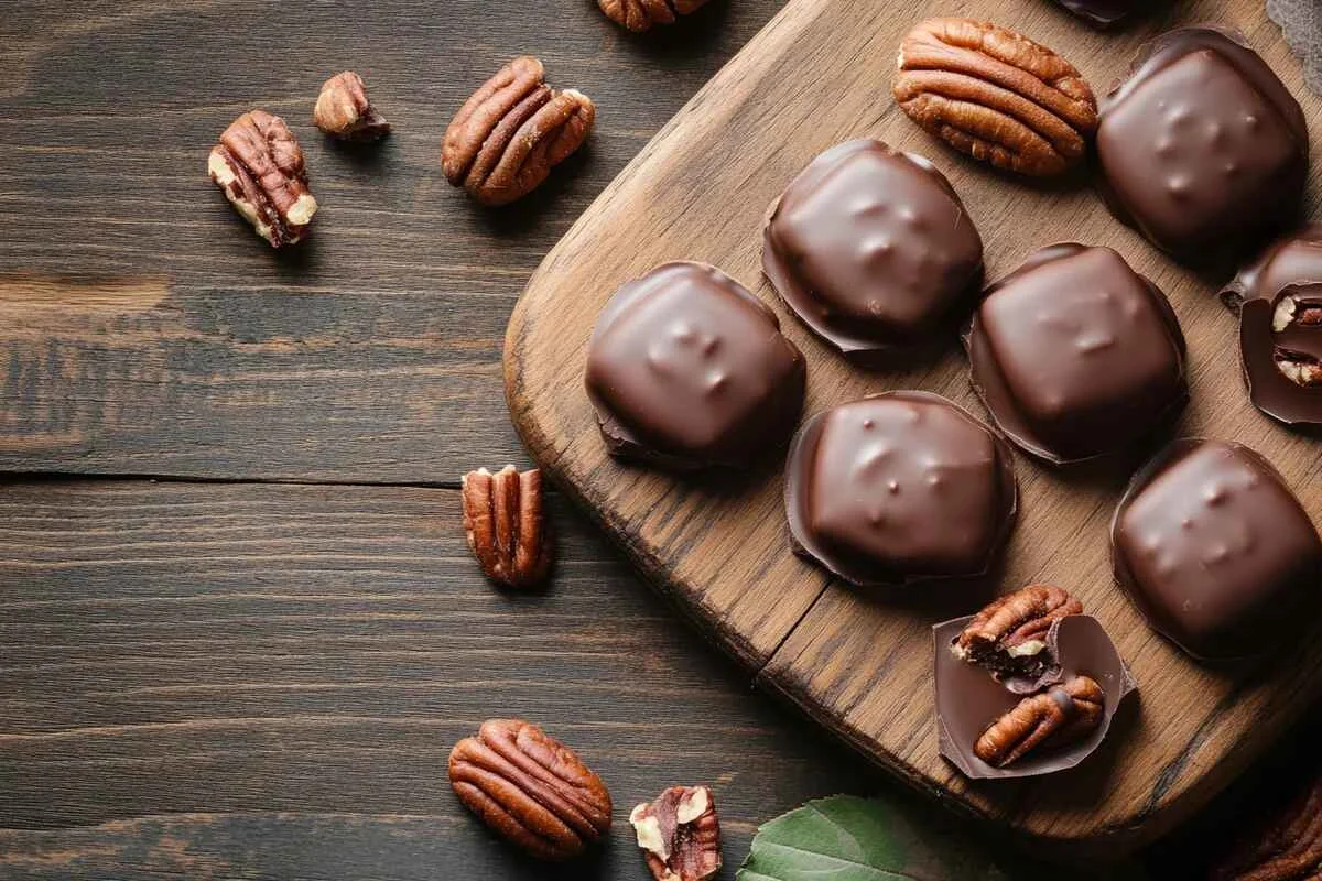 A close-up of chocolate turtles arranged on parchment paper, showcasing the chocolate turtles recipe.