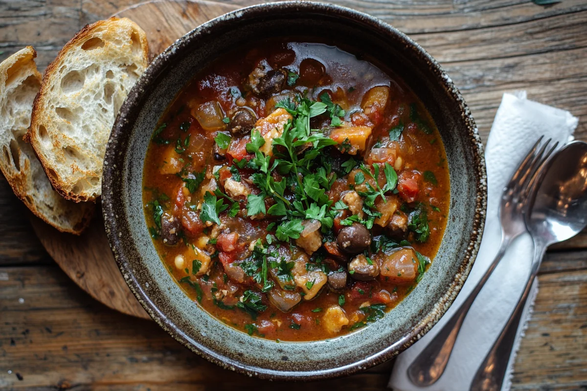 A bowl of hearty high protein soup with visible beans and vegetables.