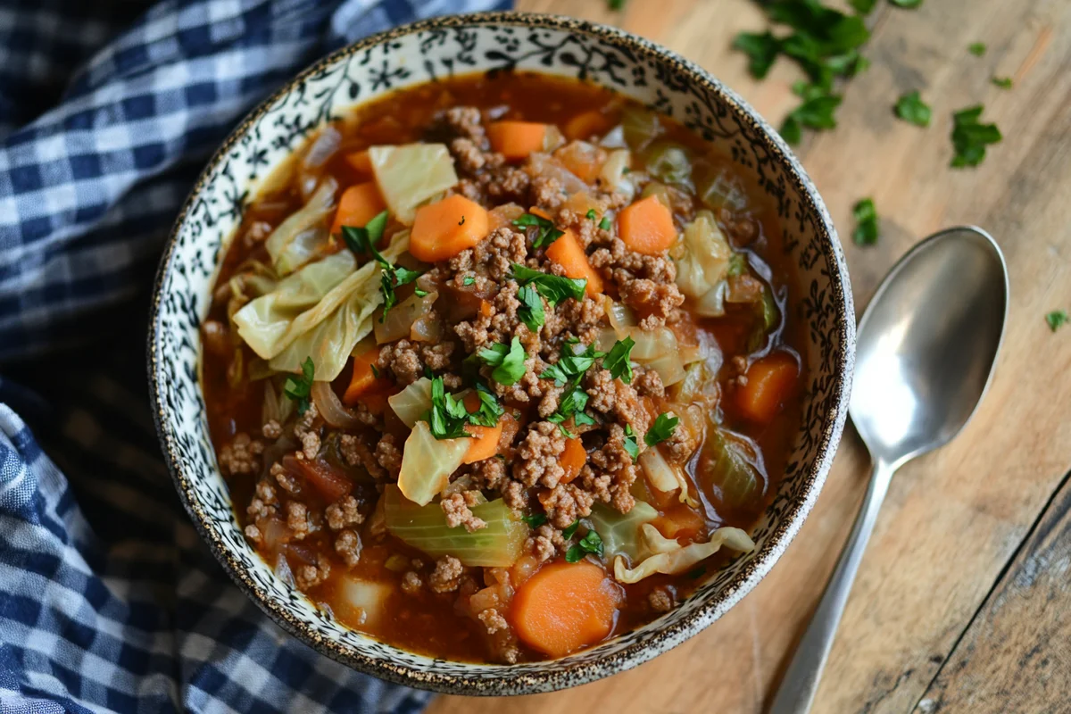 Savory ground beef cabbage recipe in a pan.