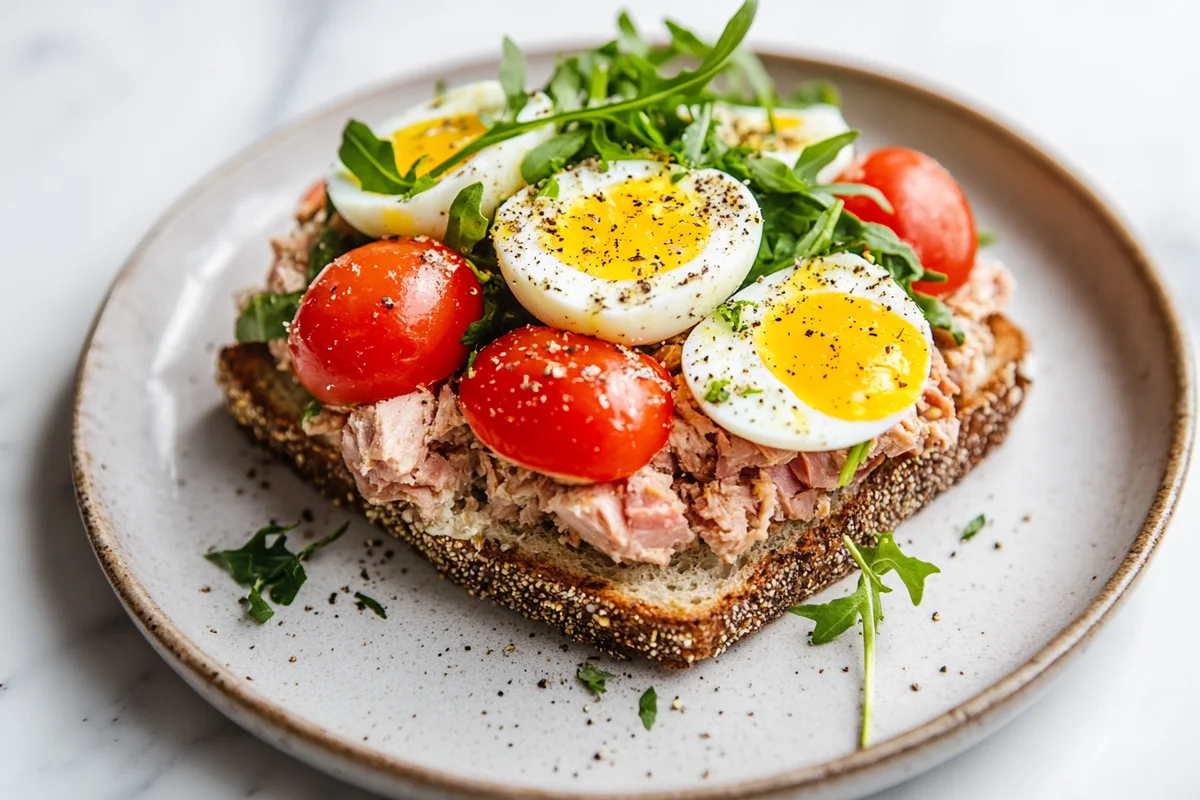 A delicious tuna and egg sandwich recipe on a plate.