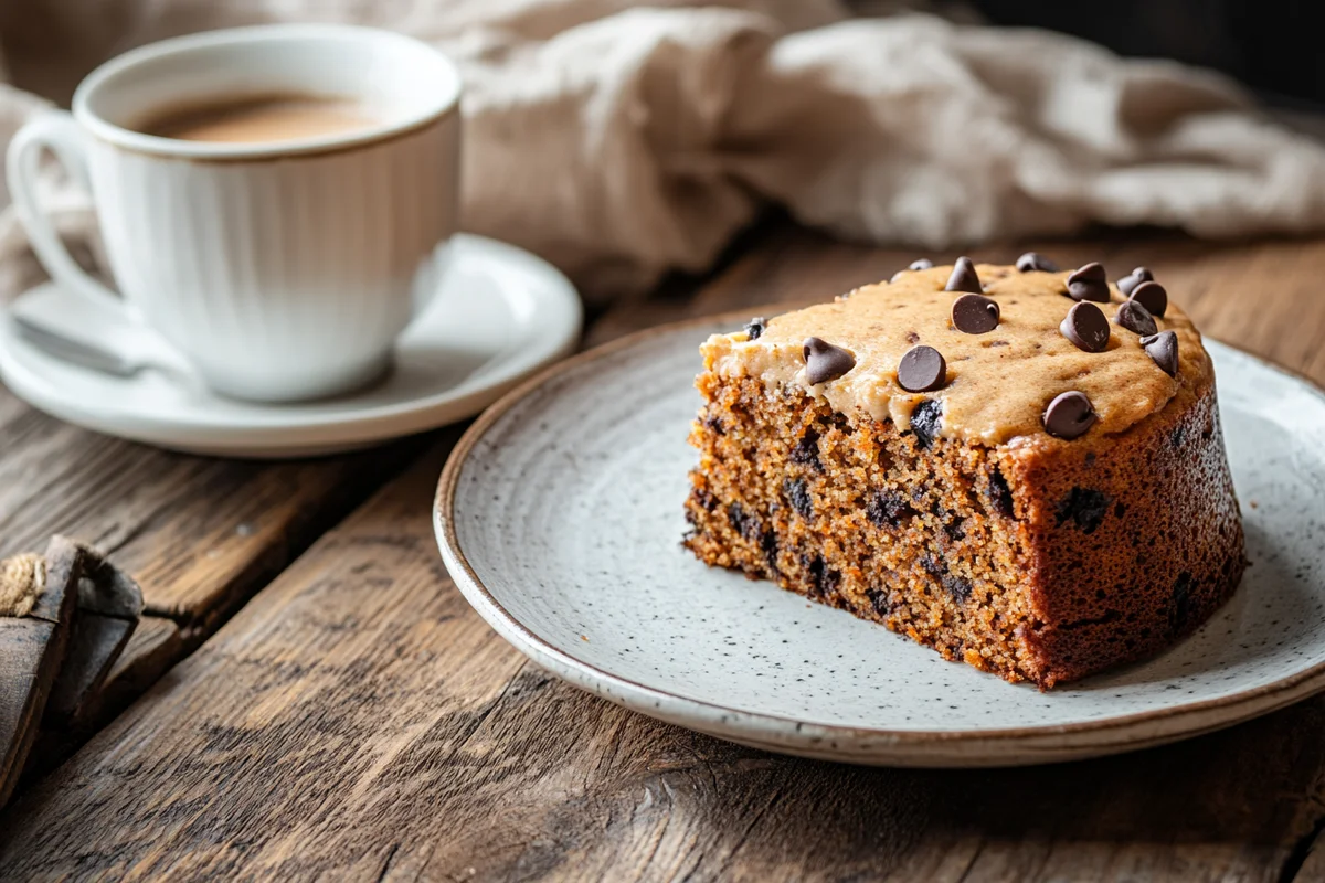 Delicious carrot cake recipe with chocolate chips on a plate.