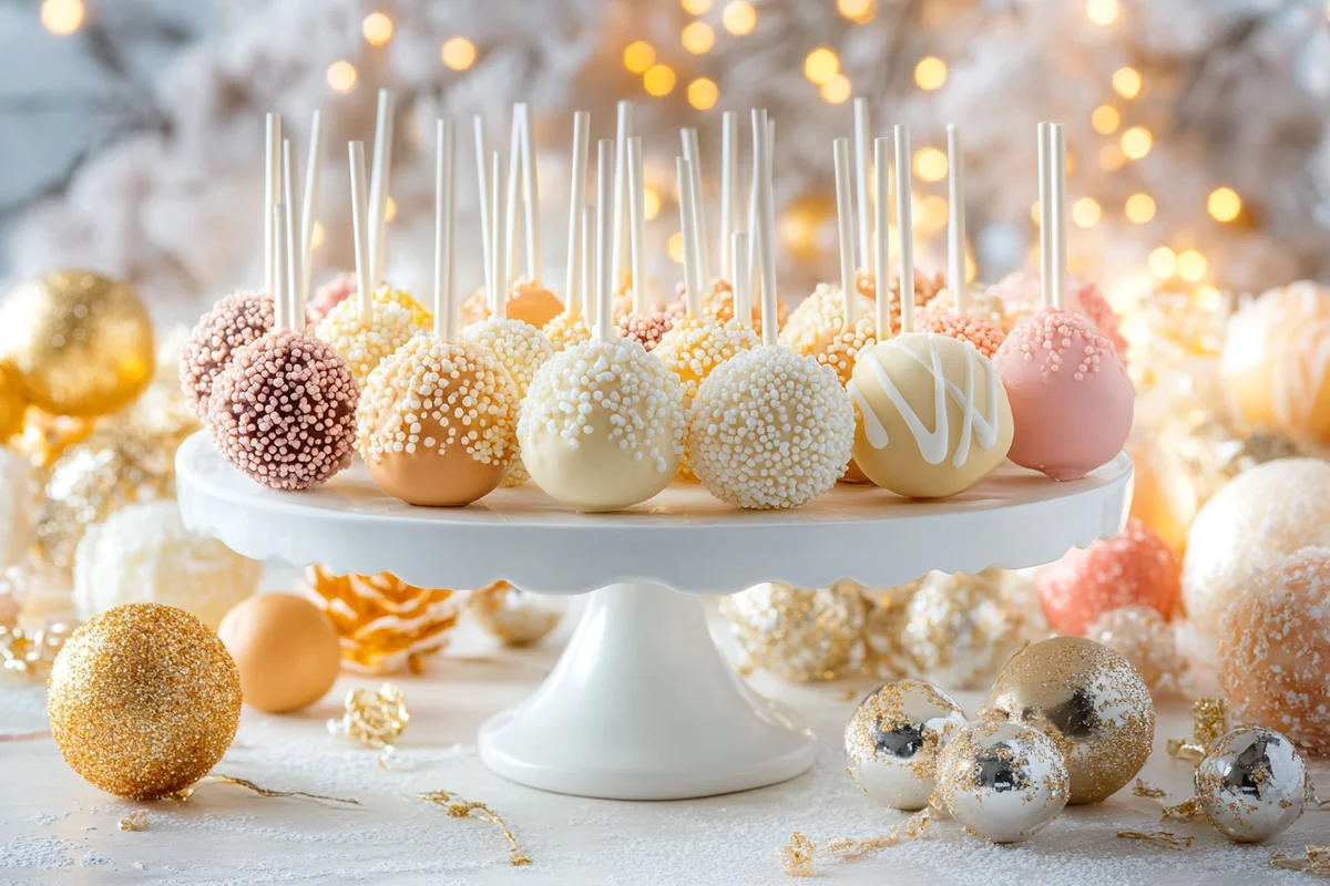 A detailed close-up image of a cake pop recipe, showing a beautifully dipped and decorated treat, ready to eat.