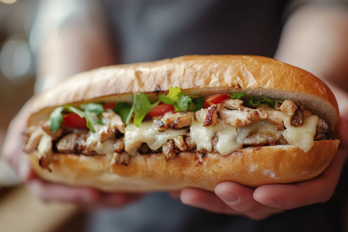 Chicken cheese steak recipe showcased in a sandwich.