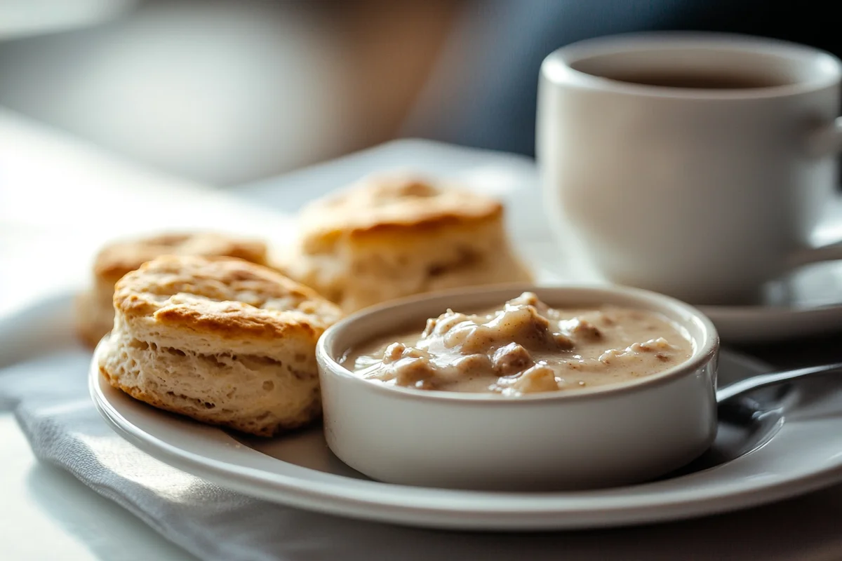 Savory sausage gravy and biscuits recipe on a plate close-up view.