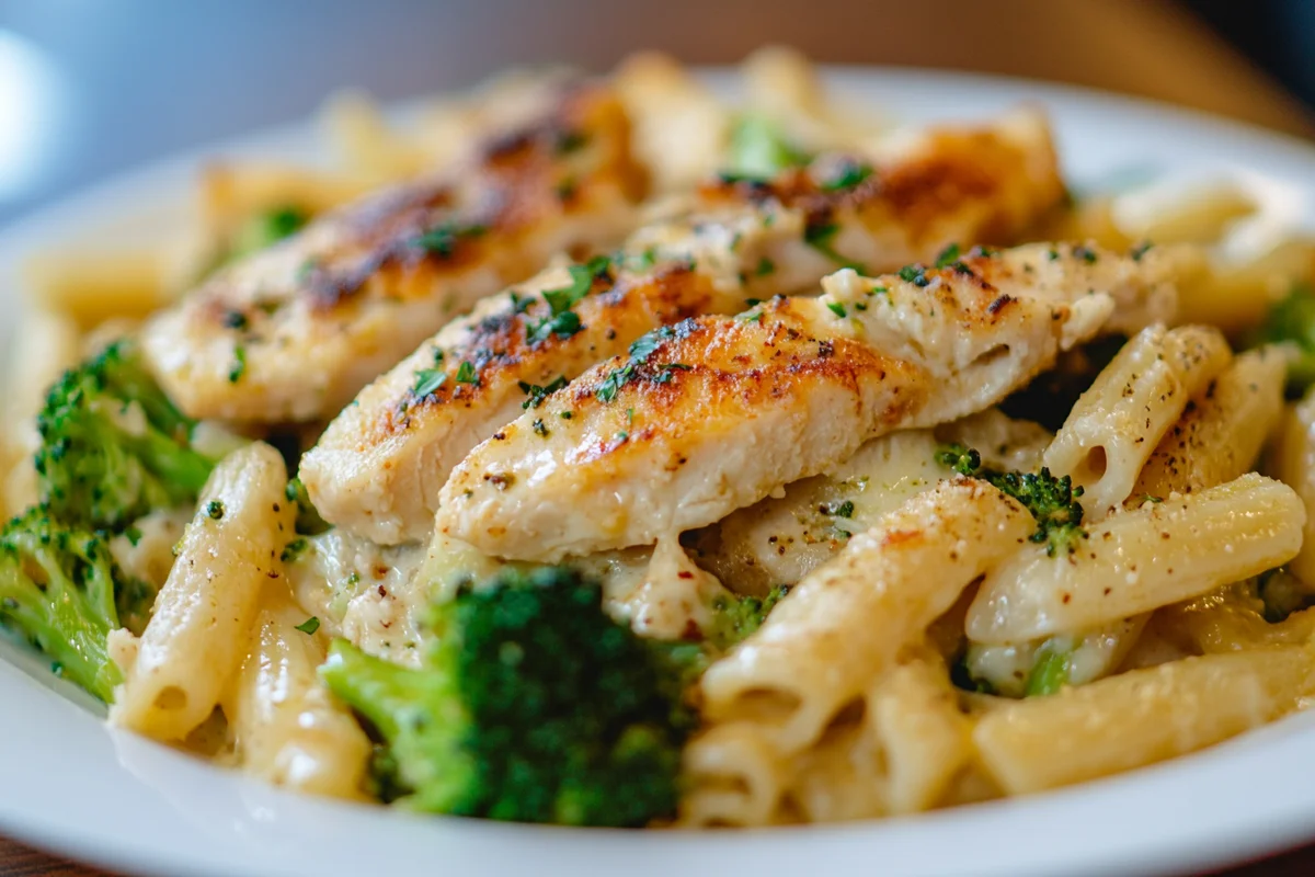 A close-up view of chicken broccoli ziti, showing the texture.