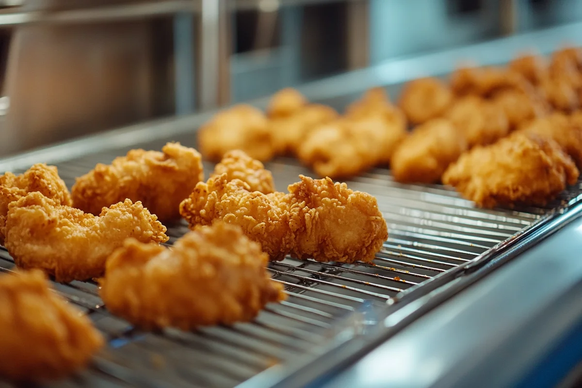 A close up of freshly fried popeyes chicken recipe, golden and crispy.