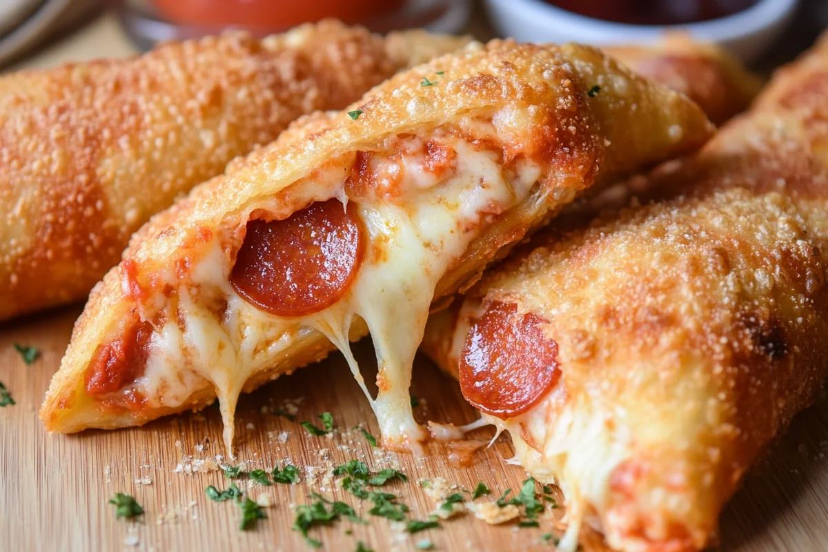 Pizza Egg Roll Recipe close-up showing crispy wrapper and toppings.