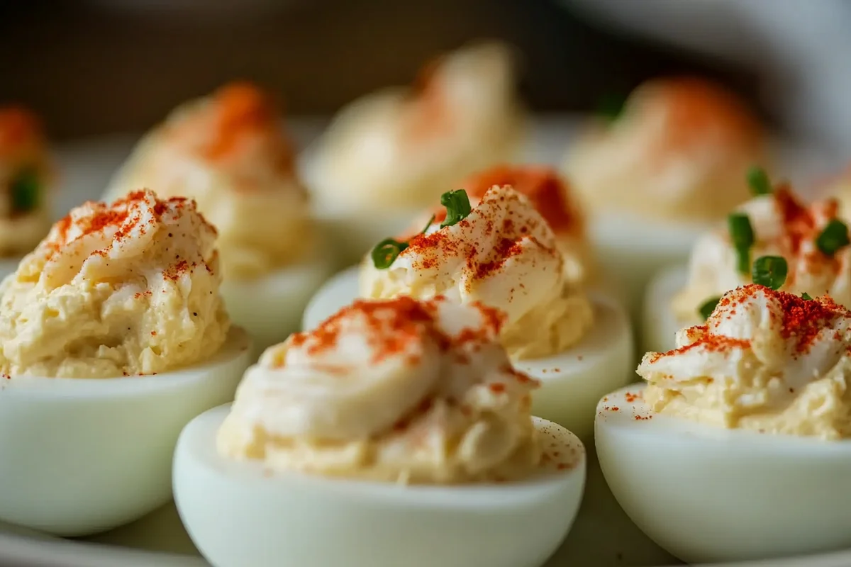 A close-up of delicious crab deviled eggs recipe.