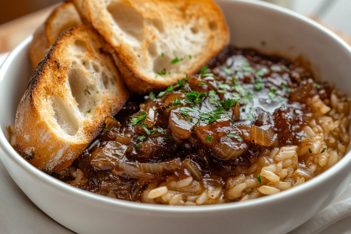 Savory French onion rice dish close-up.