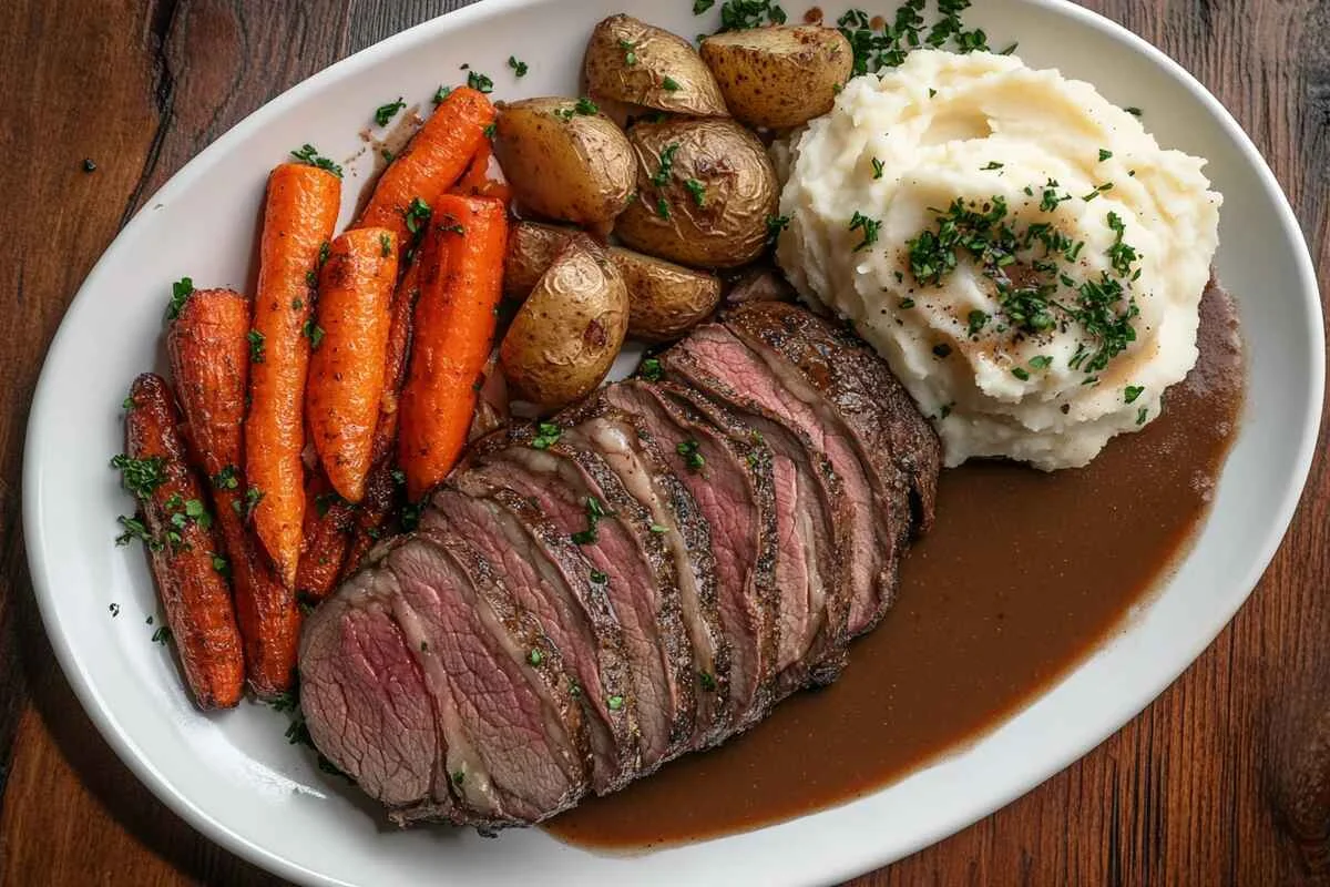 Delicious bottom round roast recipe served on a platter.