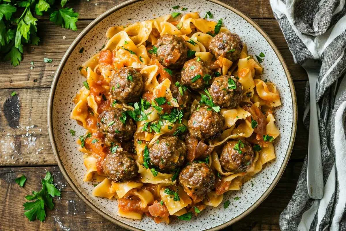 A close-up of a delicious meatball egg noodle recipe.