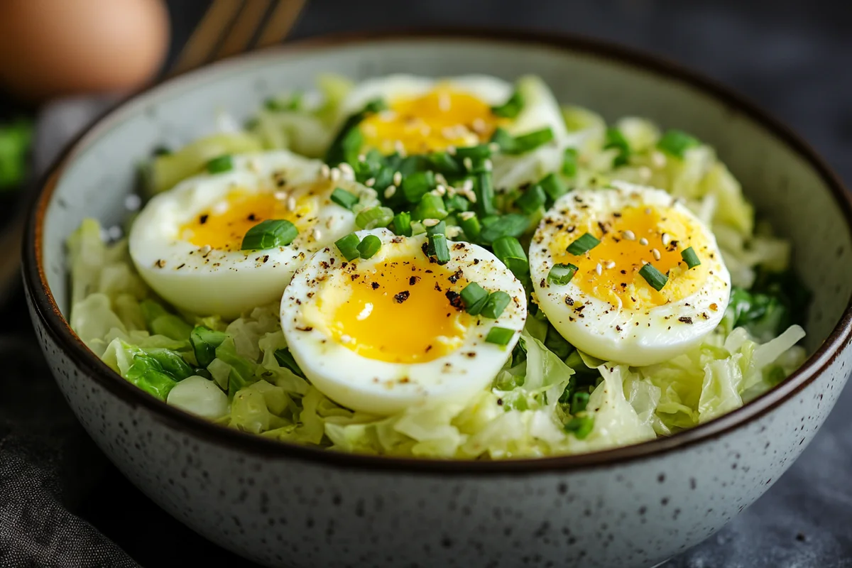 A close-up of a delicious cabbage egg recipe served in a pan.