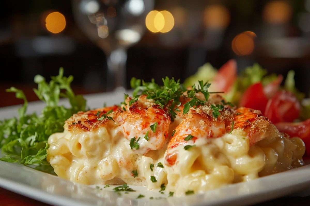 The best lobster macaroni and cheese near me served in a bowl.