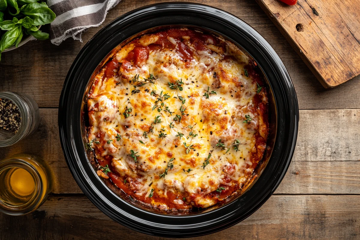 Crock-Pot Chicken Parmesan with melted cheese and herbs.