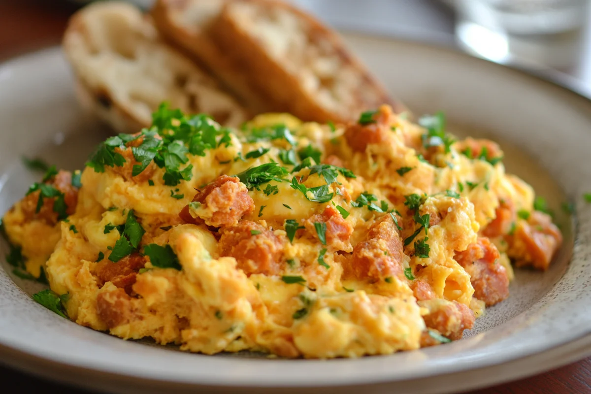 A delicious chorizo and eggs recipe on a plate.