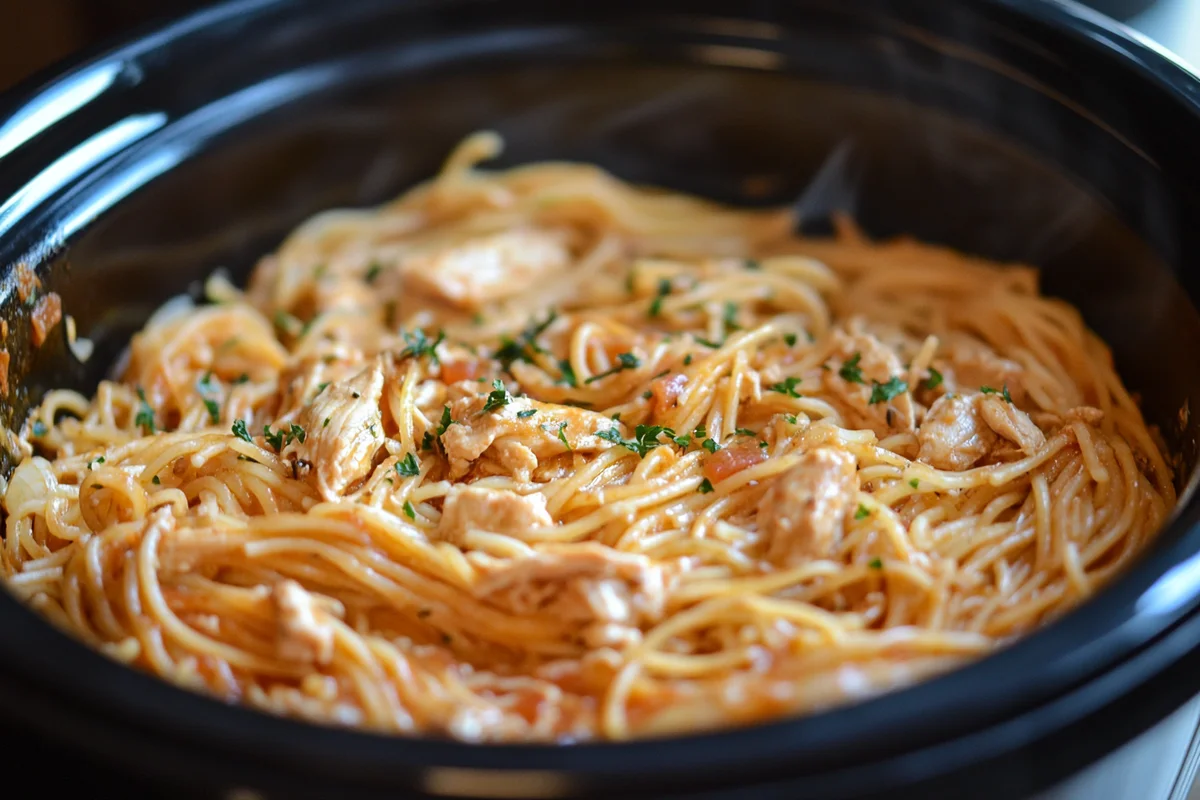 Delicious slow cooker chicken spaghetti in a pot.