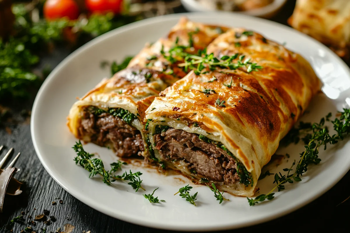 Beef wellington crepe recipe ready to serve.