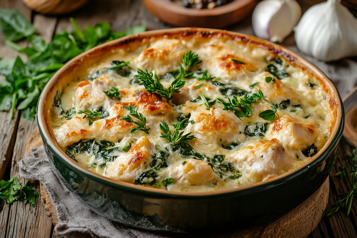 Comforting chicken and spinach casserole ready to bake.